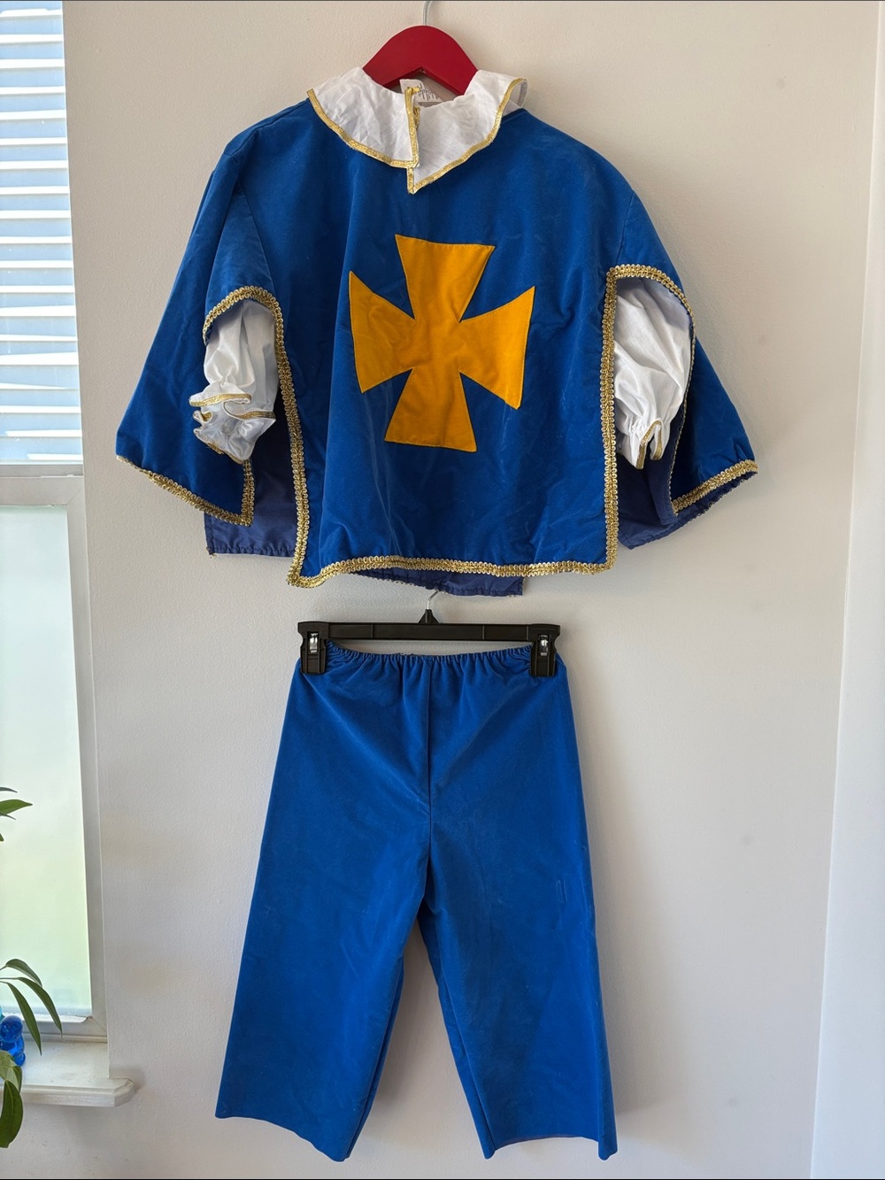 4 piece Blue and Gold Crusader Kids Costume Tunic boot covers and shield